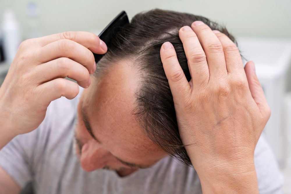 mature man having balding problems while combing his hair